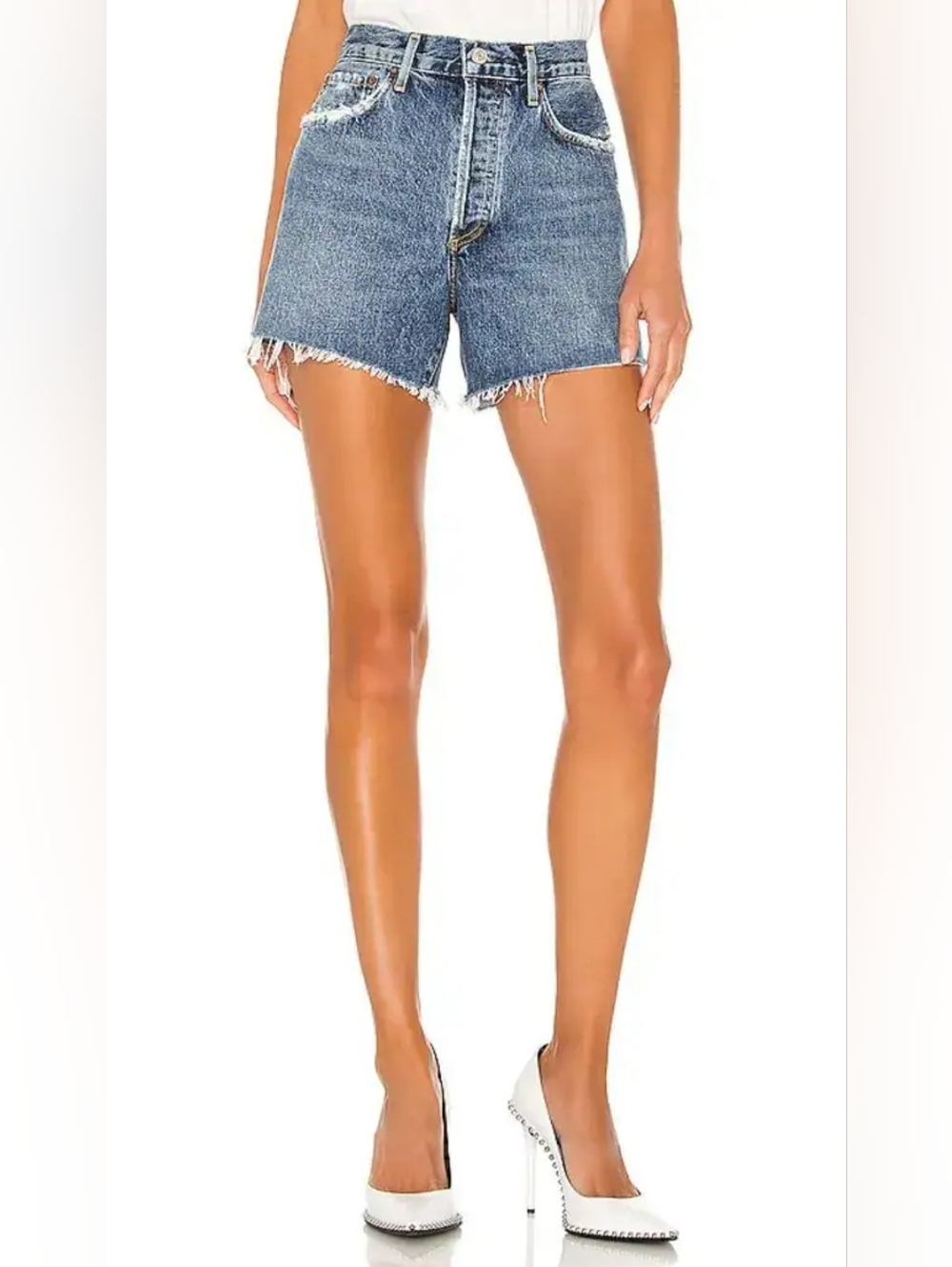 Agolde Blue Denim High-Rise Distressed Jean Shorts